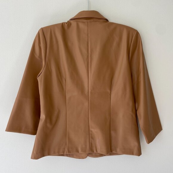 Tan Faux Leather Blazer Jacket 3/4 Sleeve Single Button NYCC Womens M - Picture 5 of 7